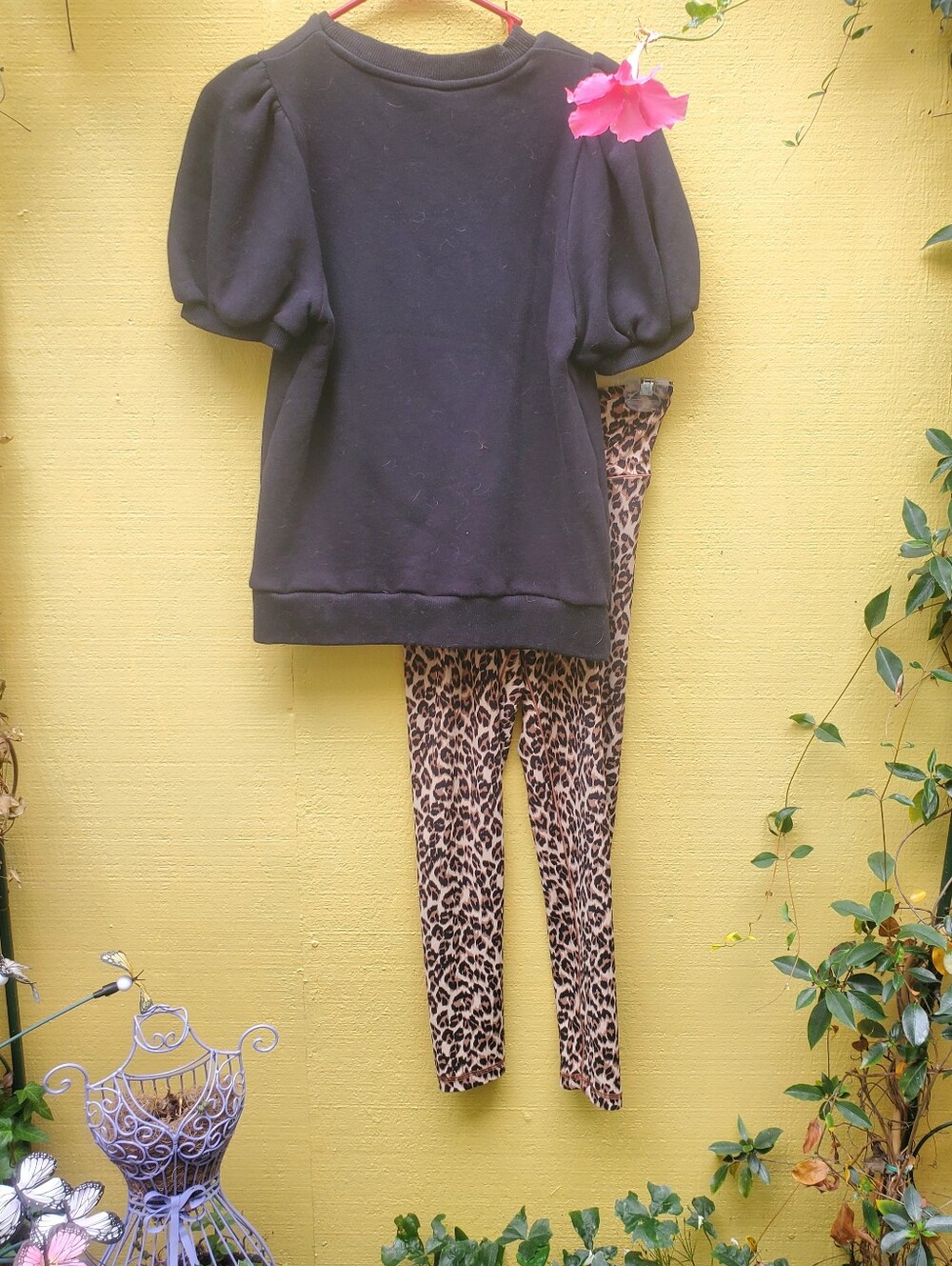 Black Puff Sleeve Top with Leopard Print Pants